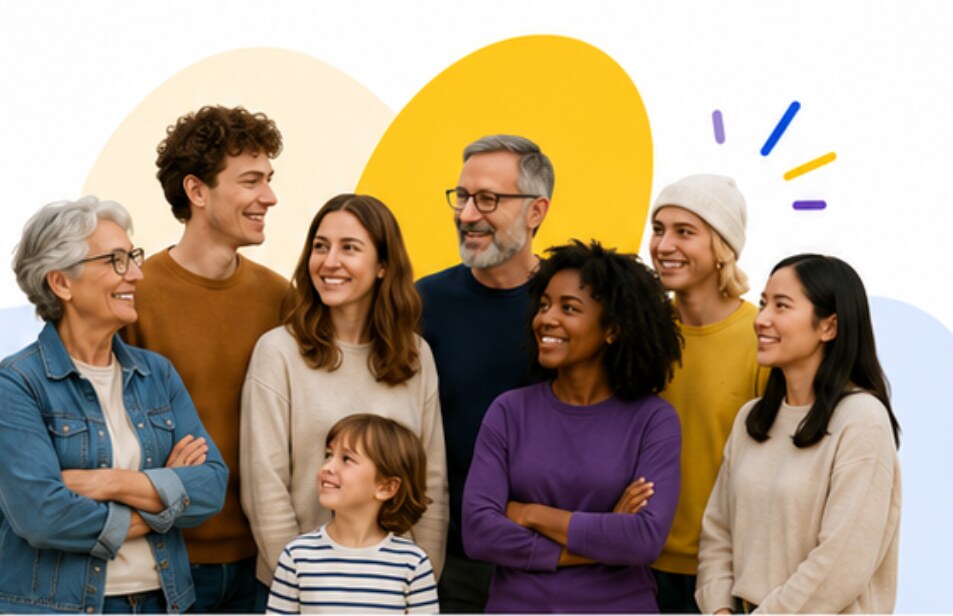KI-generiertes Symbolbild: Menschen verschiedener Generationen und Herkunft stehen freundlich zusammen